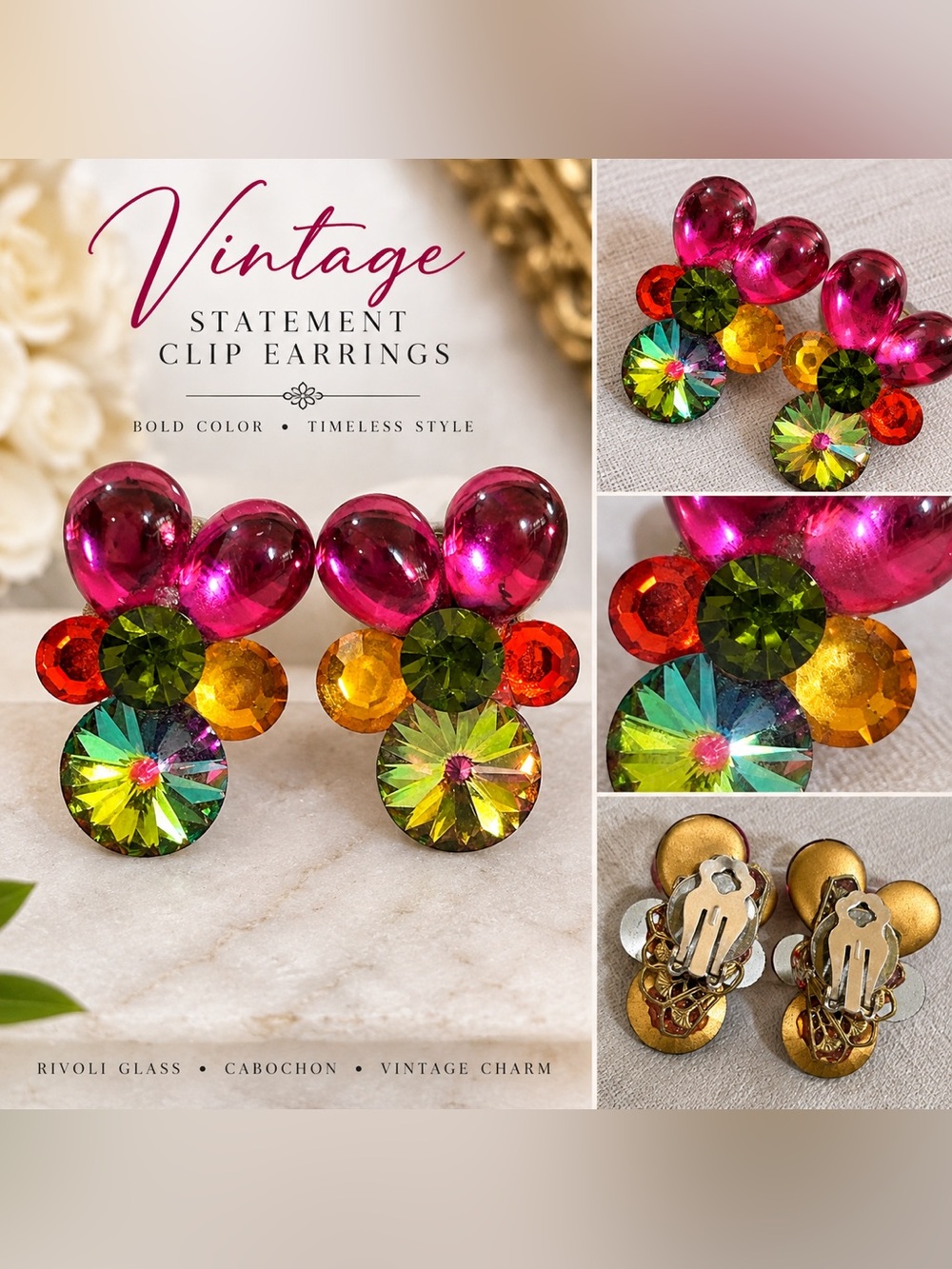 Vintage Rivoli, Multicolor Crystal with Cabochon Clip Earrings Pink & Green